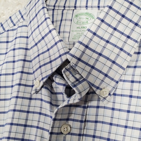 Brooks Brothers Milano Shirt Men 15.5 36 Blue Check Button Up Office Preppy - Picture 2 of 12